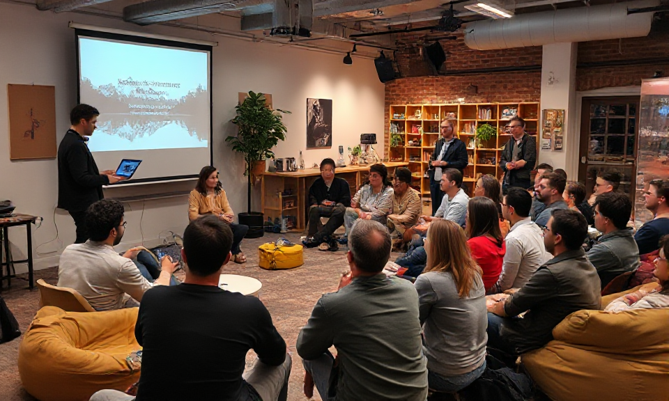 KI generiert, Prompt: a community meetup in a coworking space, one person presenting something with a laptop on a beamer, a lot of people sitting on chairs and beanbags and on the ground listening and learning