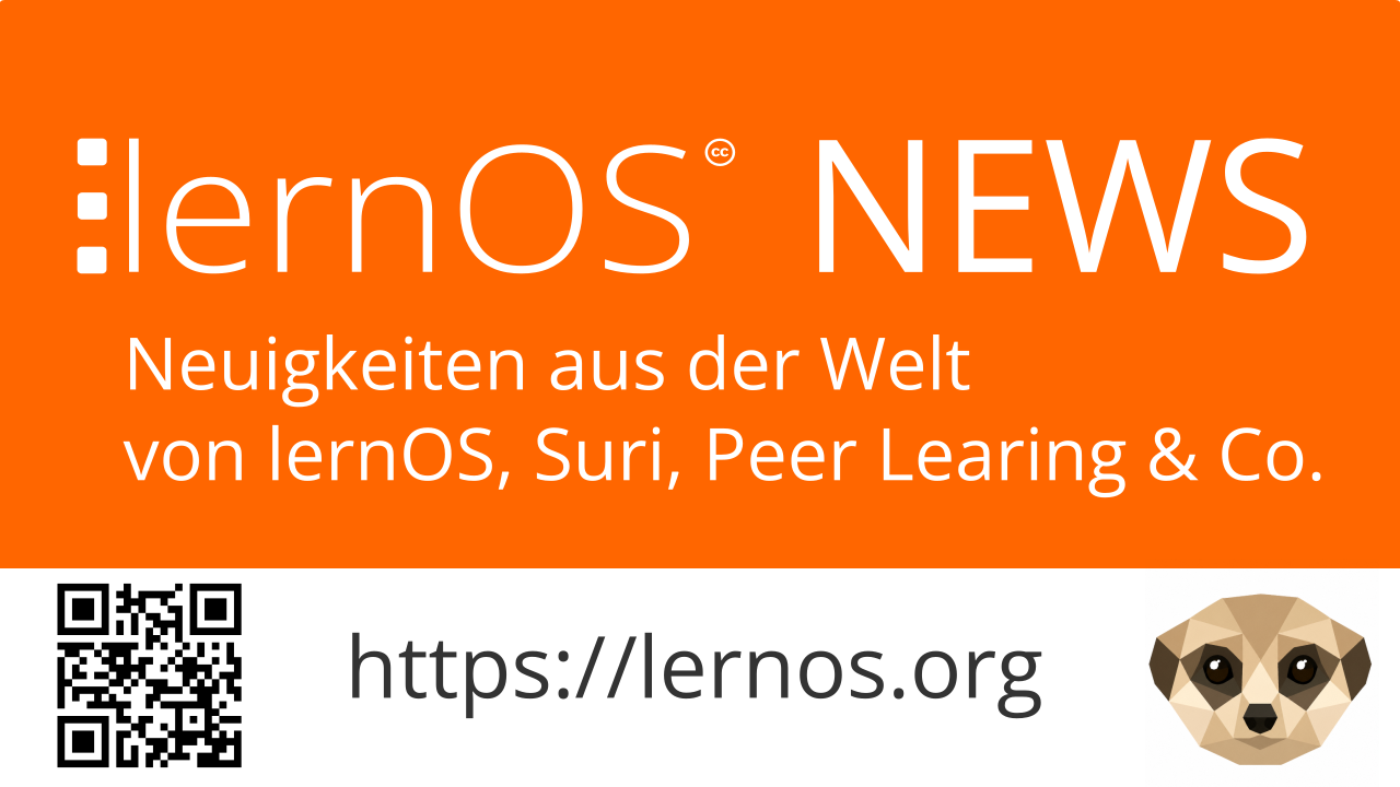 lernOS News Banner mit QR-Code zur Website lernos.org und Suri Maskottchen